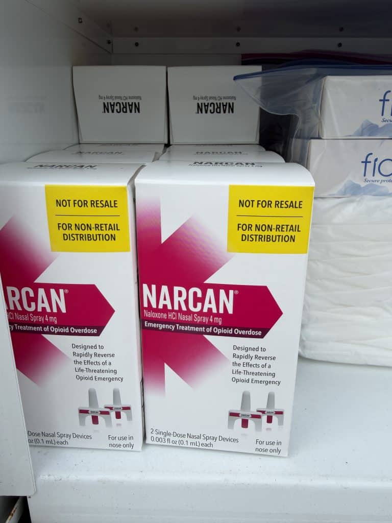 Narcan, a medication that can help to reverse overdoses, as seen in a box on Michigan Avenue in Lansing.