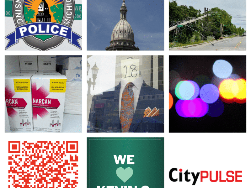 Set of nine photos in a 3x3 grid, seven for news stories each week and one each for City Pulse and a QR code for donations.